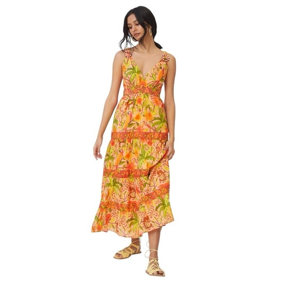 Farm Rio Orange Tropical Tiered Maxi Dress Women’s XS - Picture 1 of 8